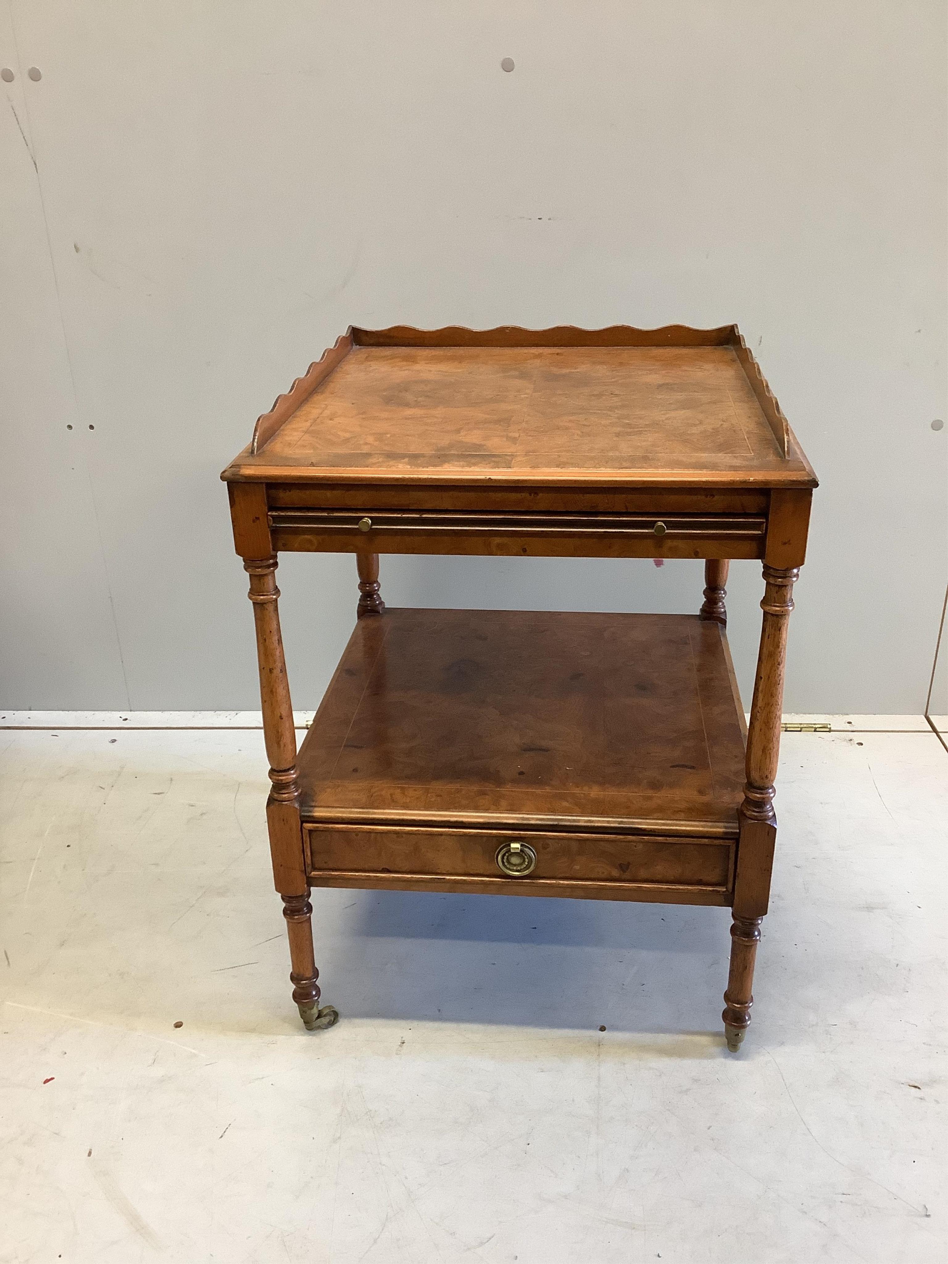 A pair of reproduction burr elm two tier bedside tables fitted slides, width 46cm, depth 46cm, height 64cm. Condition - fair, surfaces have worn areas.